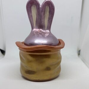 Unique Resin, Iridescent Pink Bunny In Gold Hat Jar